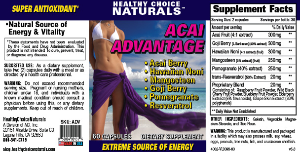 Acai Advantage Supplement Label