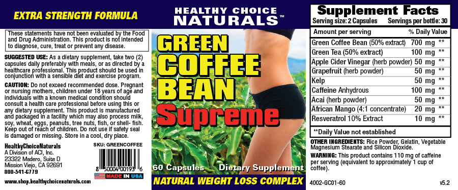 Green Coffee Bean Supreme Supplement Label