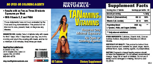 Tanning Supplements - Tanamins Product Label